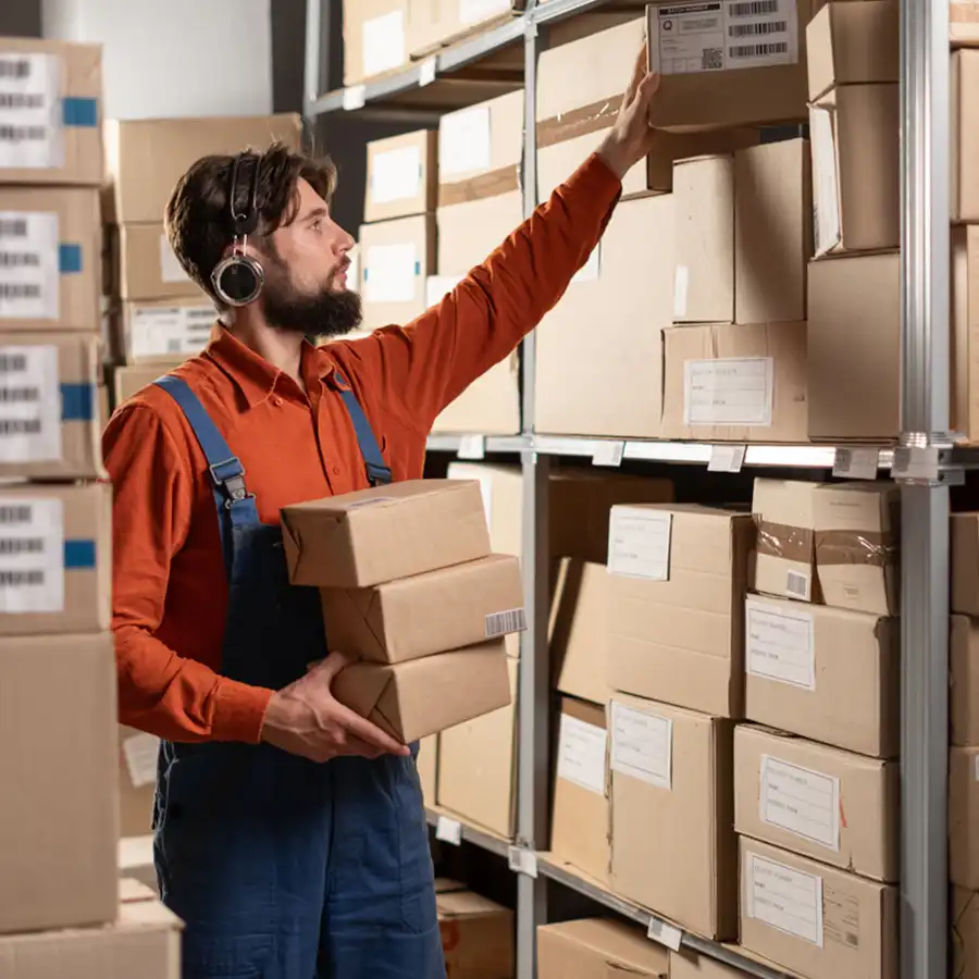 Associate retrieving items from the store warehouse to fulfill an order.